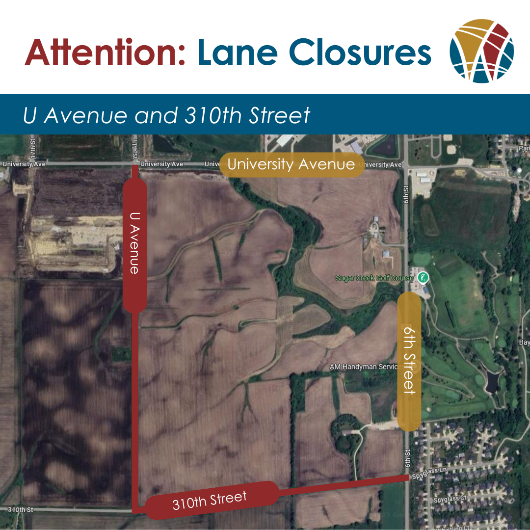 Aerial map showing closed sections of roads of U Avenue and 310th Street