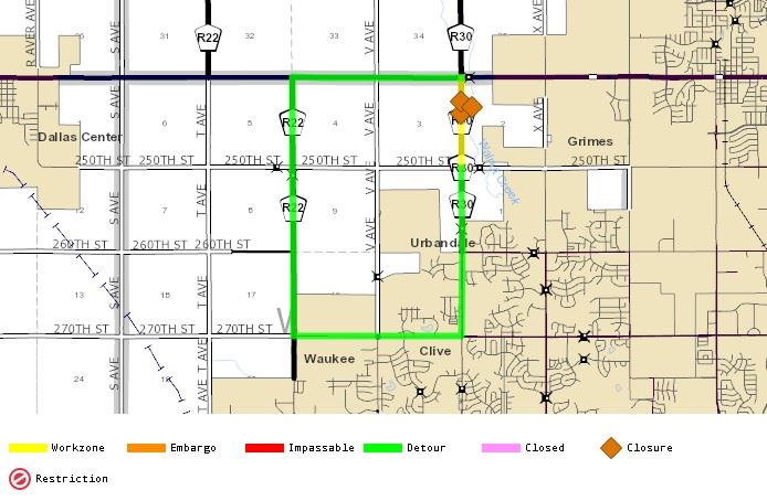 map showing detour route around road closure on R30 also known as W Avenue