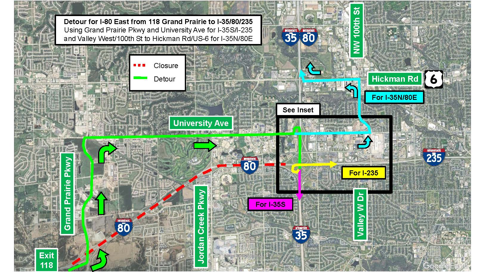 map of closures and detour routes for overnight closures on I-80 from Grand Prairie to mixmaster