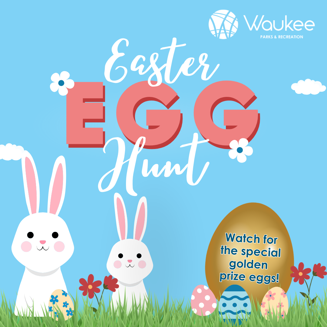 illustrated bunnies in the grass with colorful easter eggs and flowers and a golden prize egg