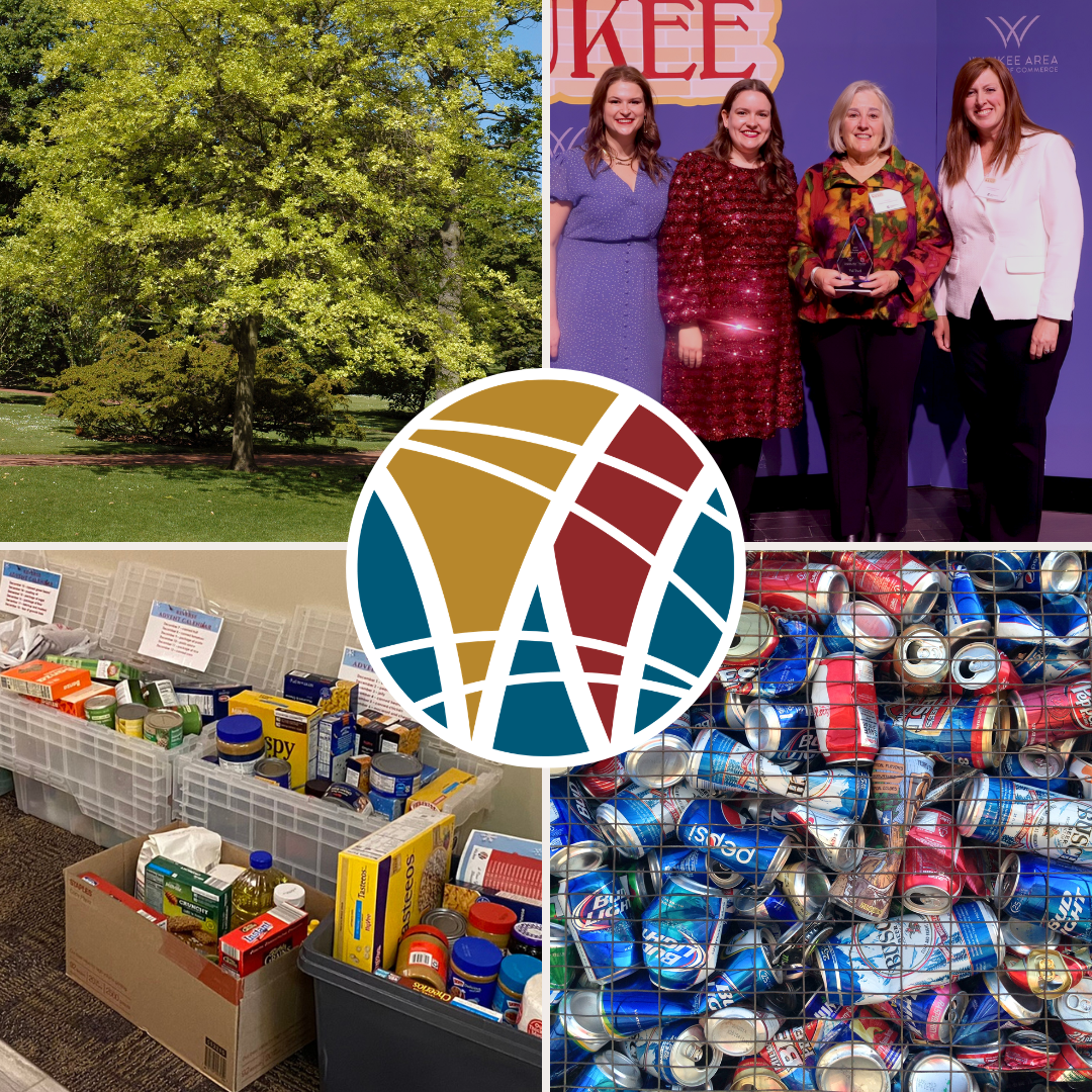 A collage showing an oak tree, tubs of food donations, recycled pop cans and a citizen of the year