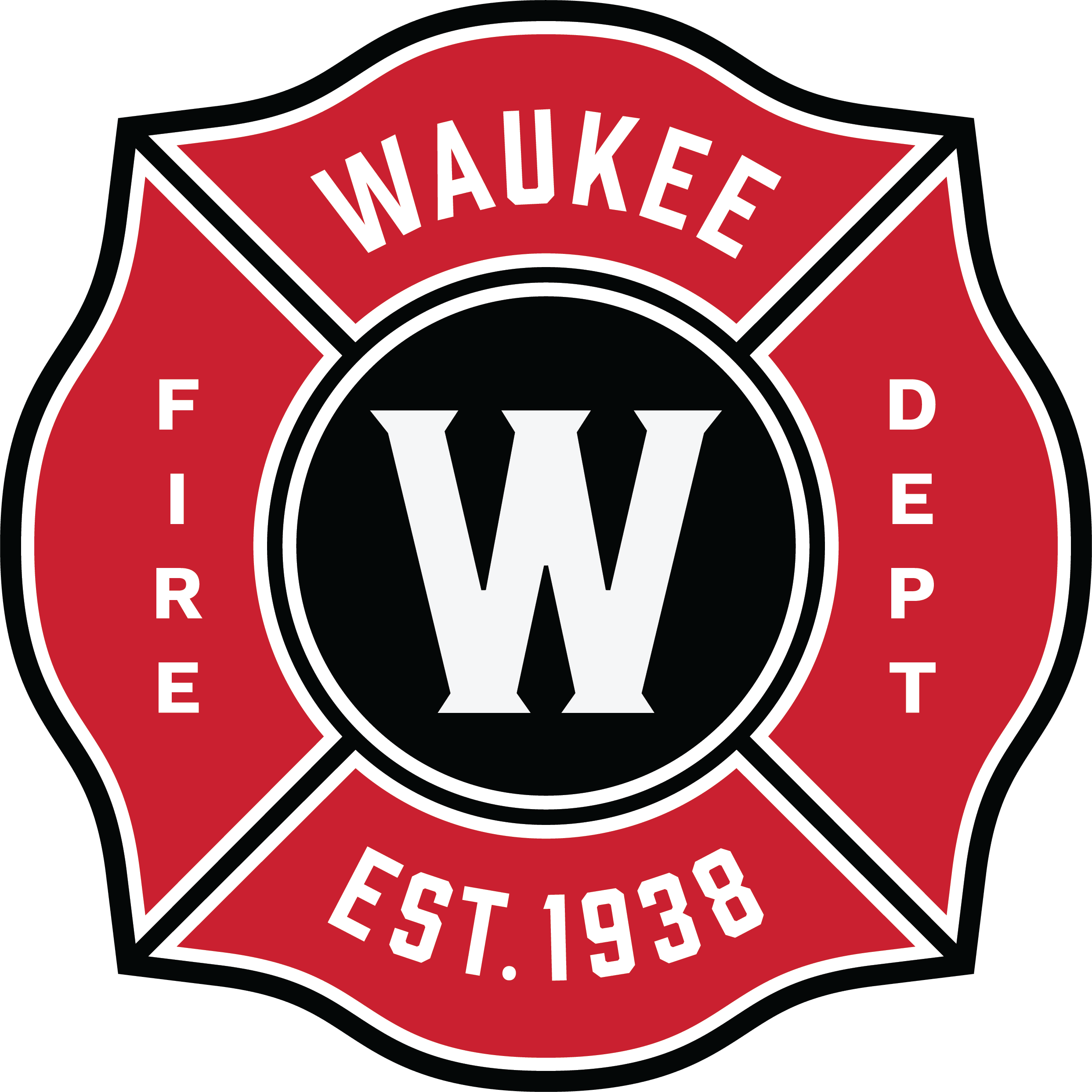 maltese cross with large w in the center and words Waukee Fire Dept established 1938