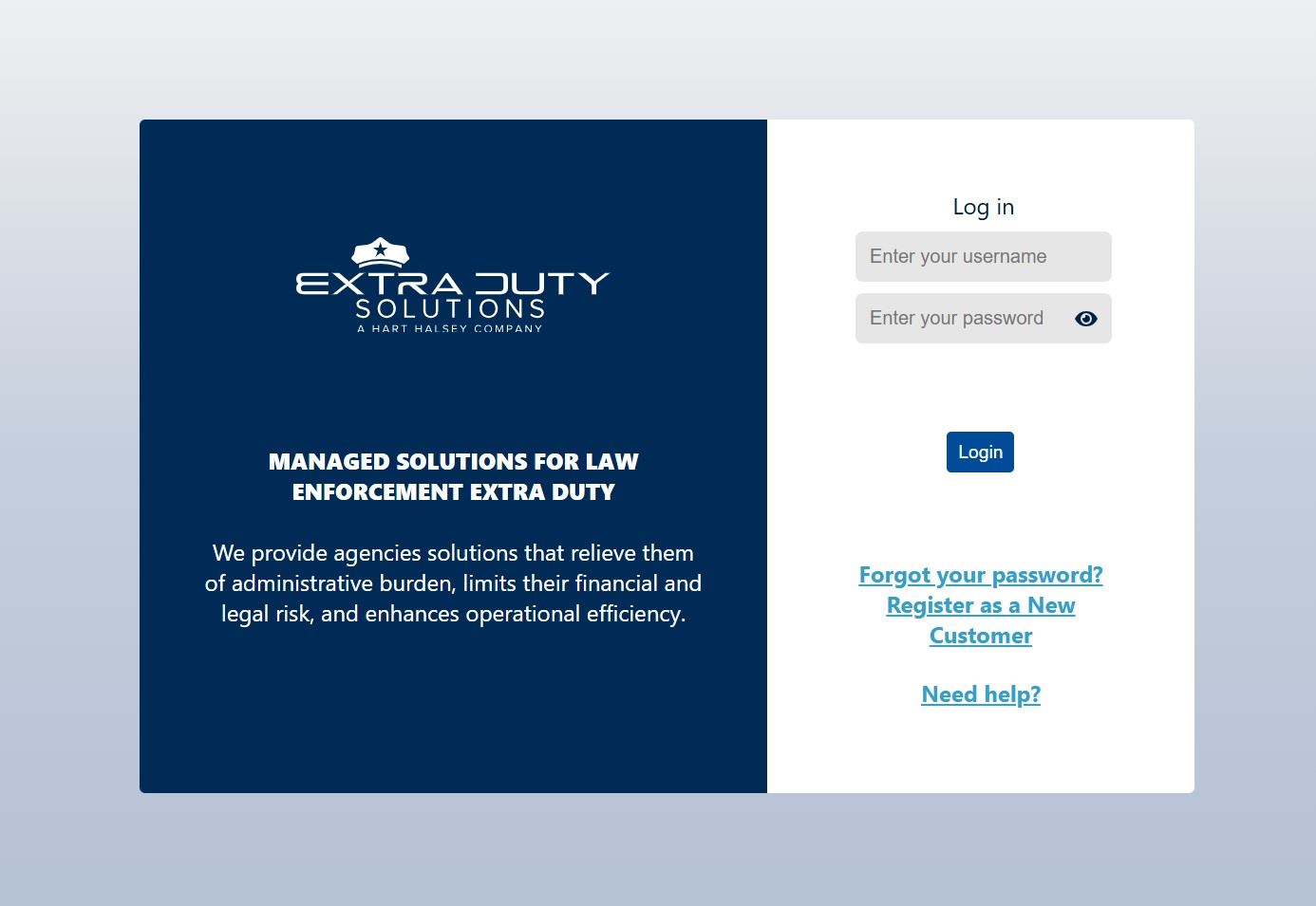 Screenshot of login page for the Extra Duty Solutions portal to request an off-duty officer