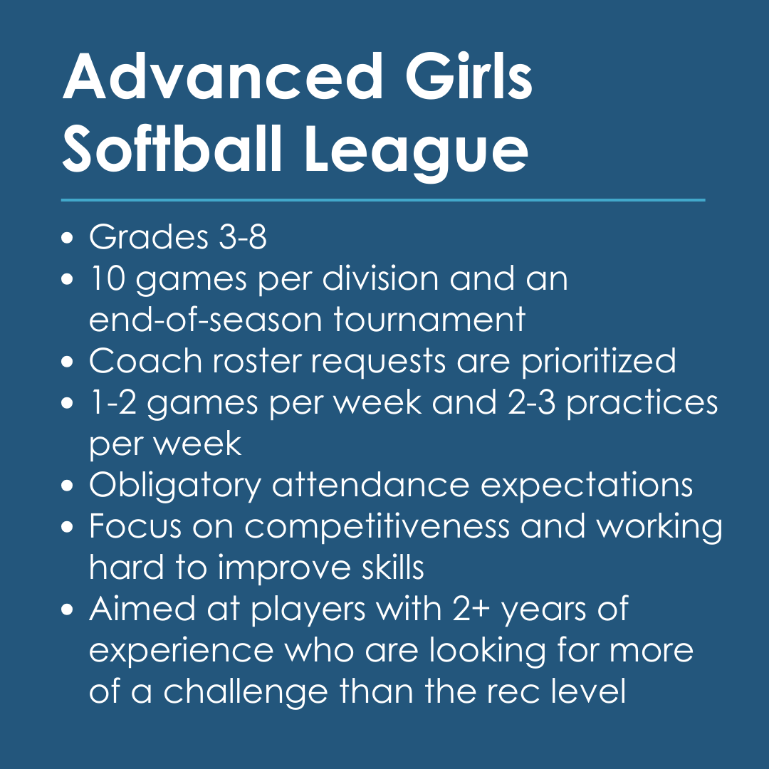 Informational graphic that lists details for the spring girls advanced softball league.