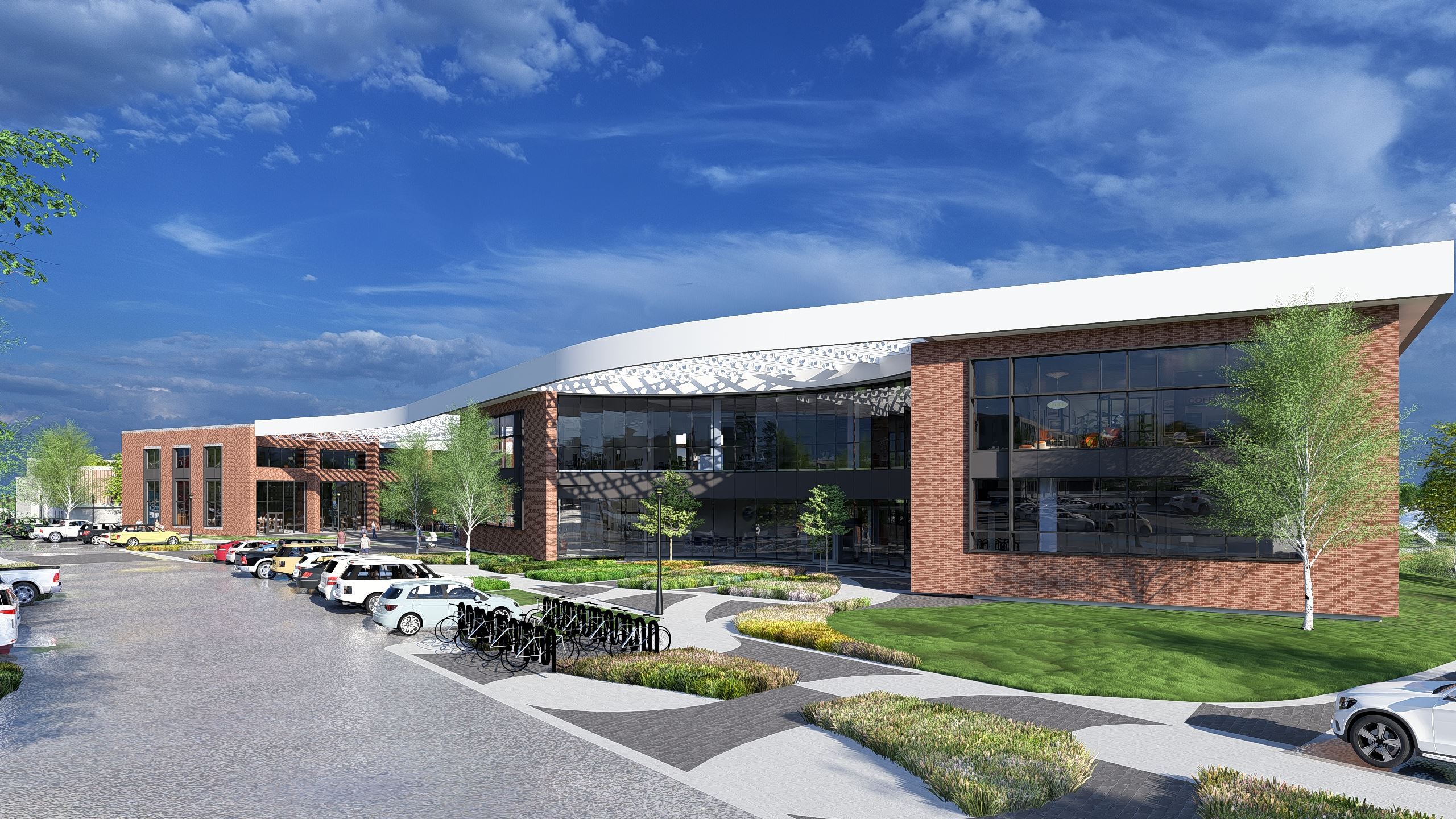 rendering of the street view of a library made of brick with slightly angled room and row of parking rendering of the street view of a library made of brick with slightly angled room and row of parking